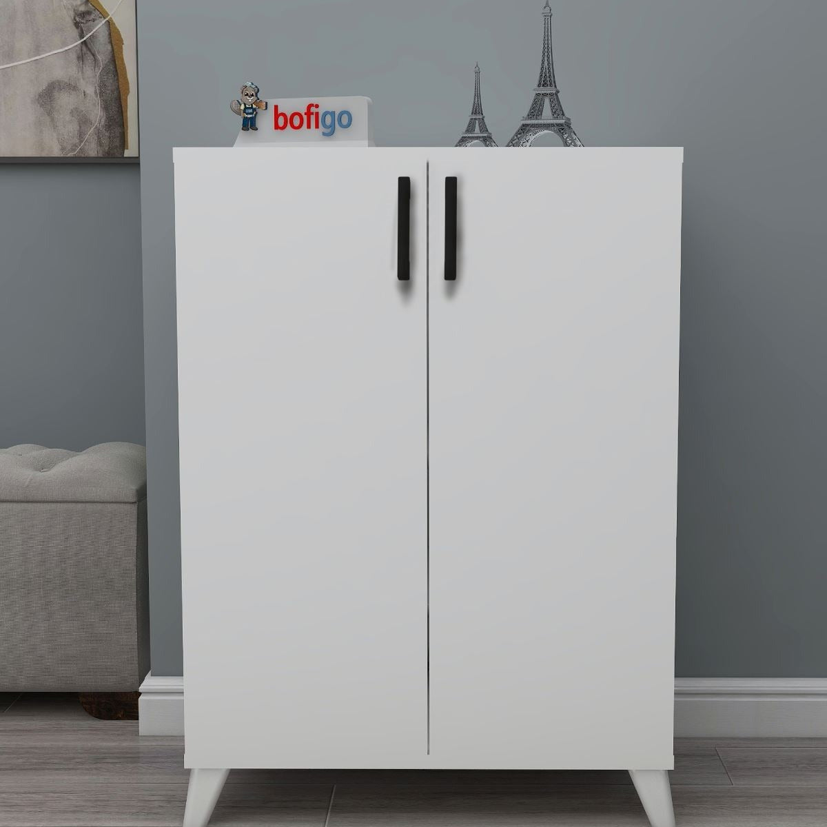 Pantofar Ceren multifunctional cu 2 usi si 4 rafturi interioare, dulap pantofi, mobilier hol ingust 70 x 110 cm, PAL melaminat 18 mm clasa E1, mecanism silentios soft-close, 72x32,5x88 cm
