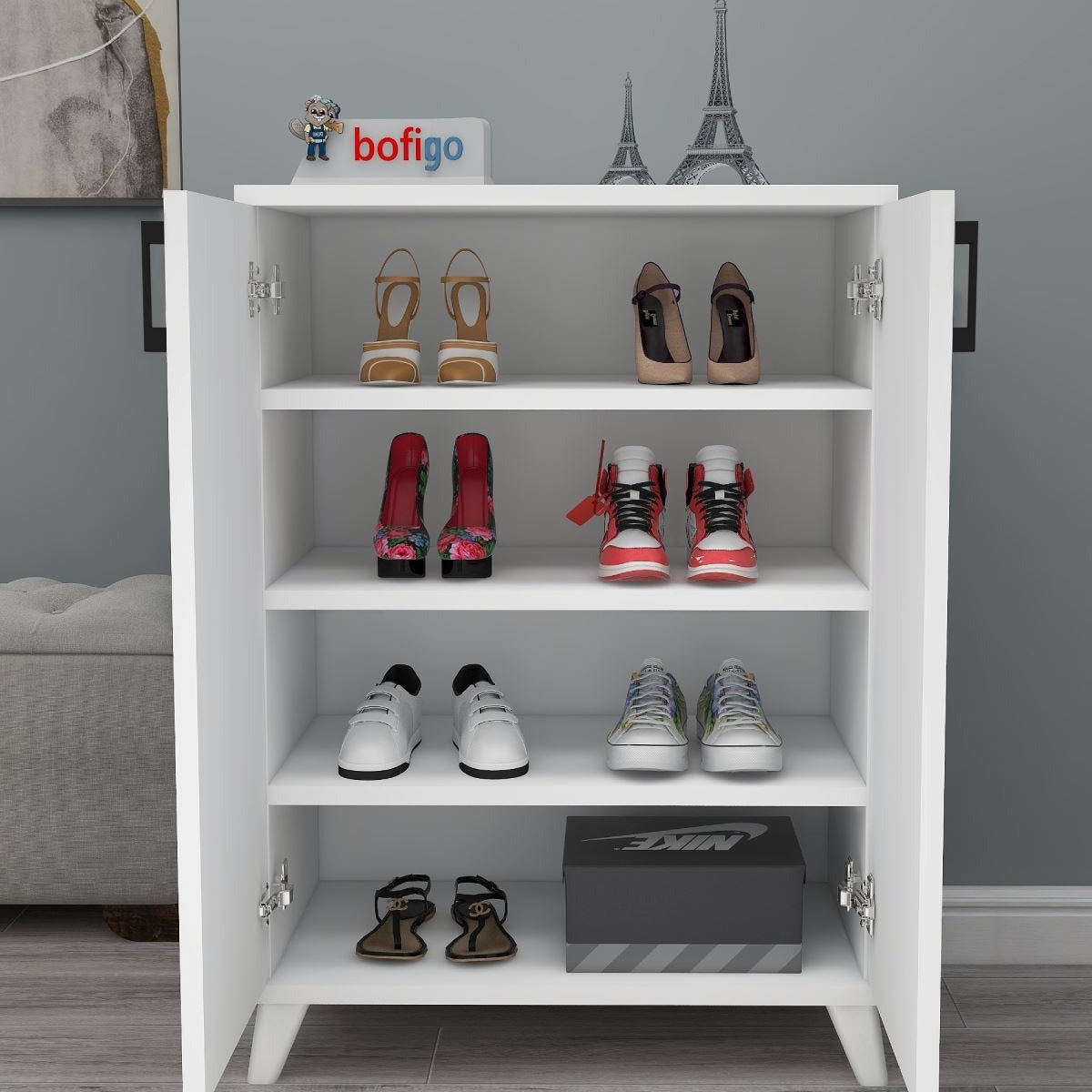 Pantofar Ceren multifunctional cu 2 usi si 4 rafturi interioare, dulap pantofi, mobilier hol ingust 70 x 110 cm, PAL melaminat 18 mm clasa E1, mecanism silentios soft-close, 72x32,5x88 cm