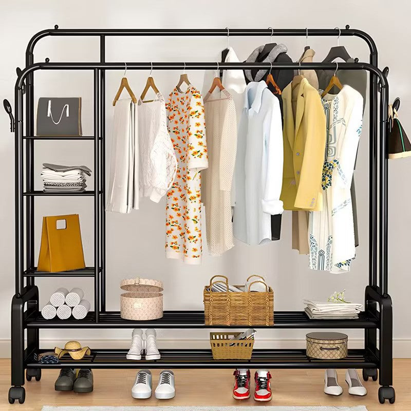 Suport Dublu Umerase Haine Stand Metalic Organizator 162x135cm Negru cu Roti