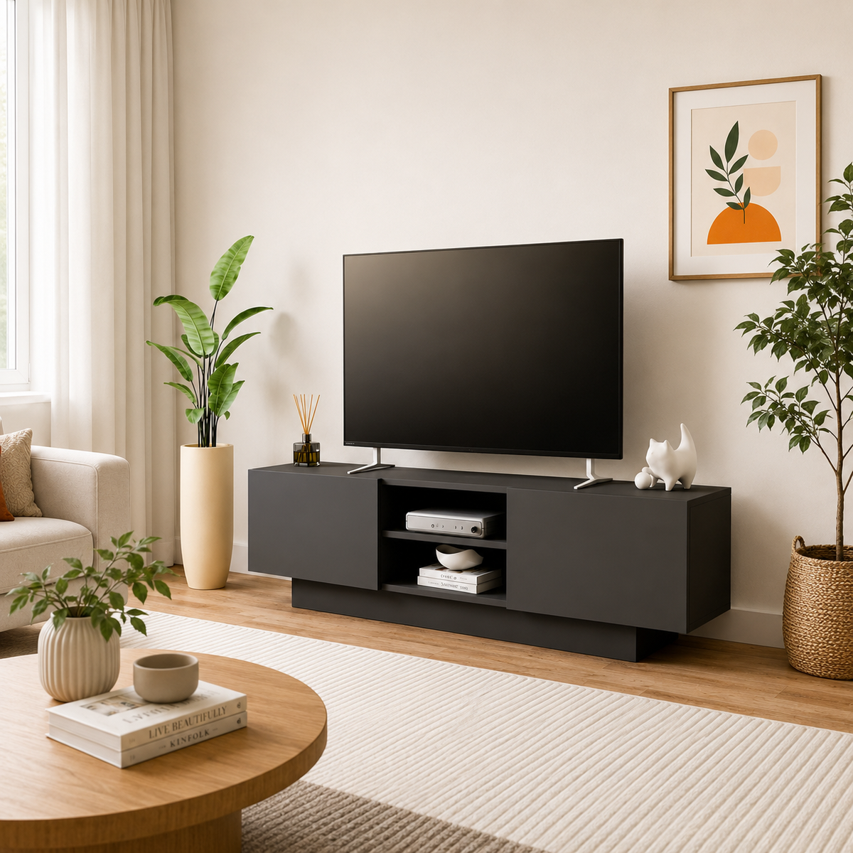 Comodă TV DORA cu uși și raft central, PAL 18 mm, 140 x 31 x 42 cm - detaliu produs