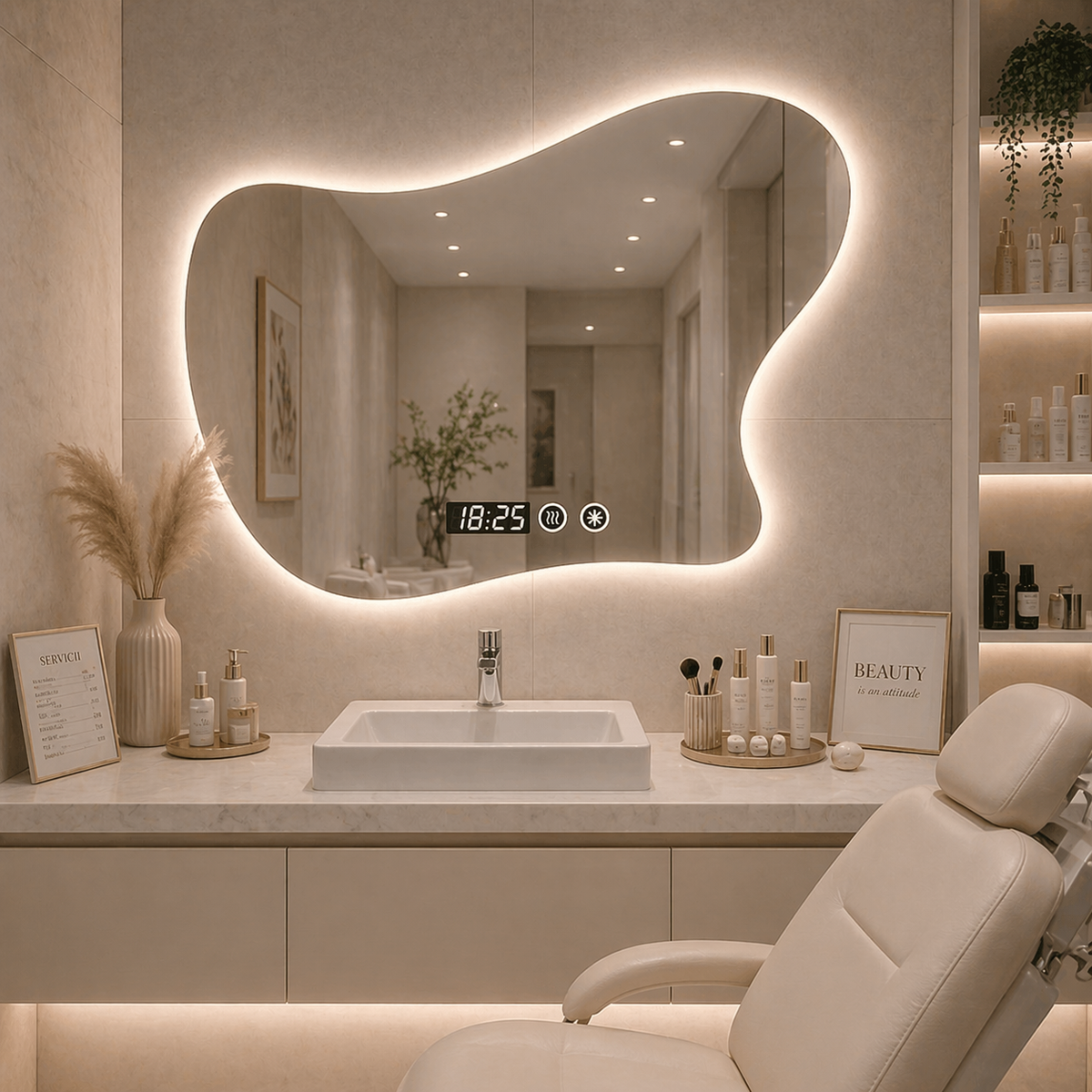Oglinda led moderna 80x60, design fluid, cu touch si iluminare ambientala