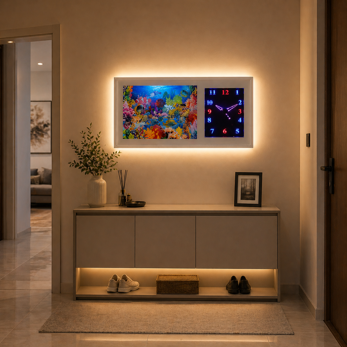 Ceas LED decorativ cu acvariu animat si pesti colorati in miscare si lumina ambientala, 42 x 25 x 9cm