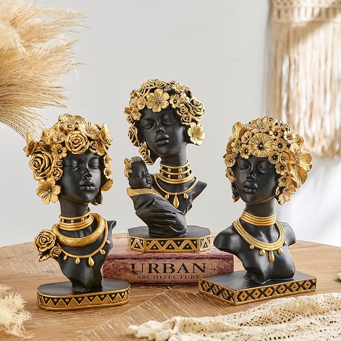 Statueta Africana Bust Negru Auriu Decorativ Raze Flori Trandafiri Luxury 35cm - detaliu produs