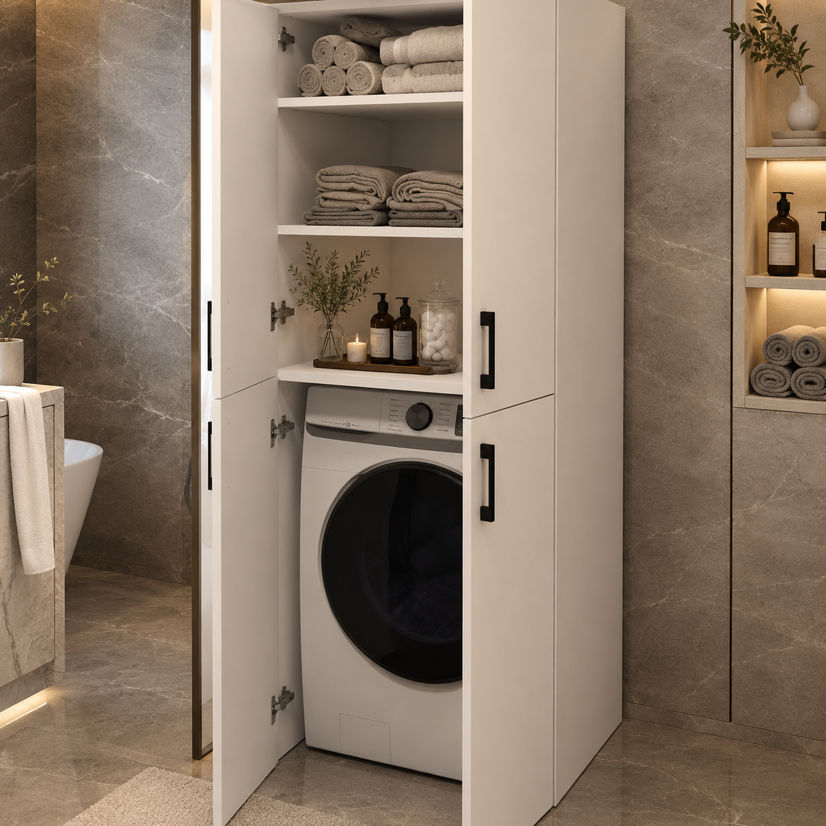 Dulap pentru masina de spalat din PAL 70x70x180 cm, cu 2 usi si rafturi, pentru baie