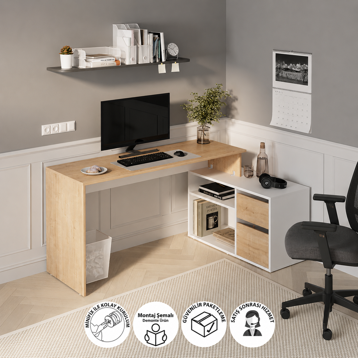 Birou modern 139x51x75 cm, cu corp de depozitare 92x40x53 cm, pentru birou, office sau home office