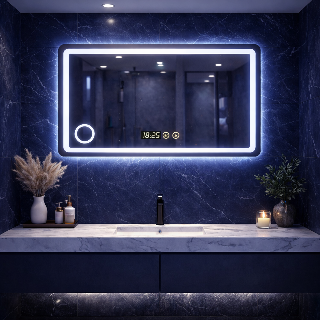 Oglinda LED premium, 90x70 cm, iluminare reglabila, lupa, touch, dezaburire, ceas