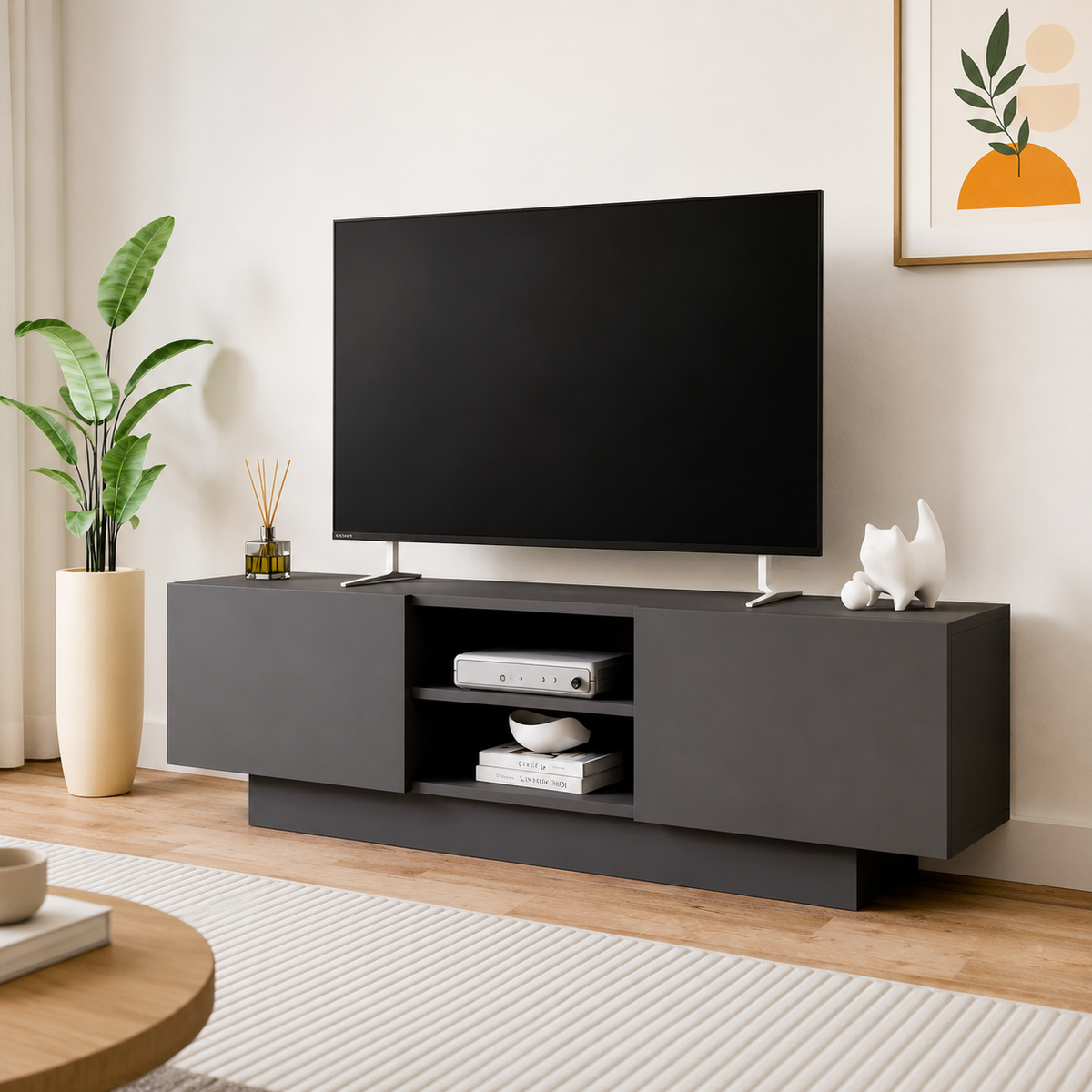 Comodă TV DORA cu uși și raft central, PAL 18 mm, 140 x 31 x 42 cm - detaliu produs