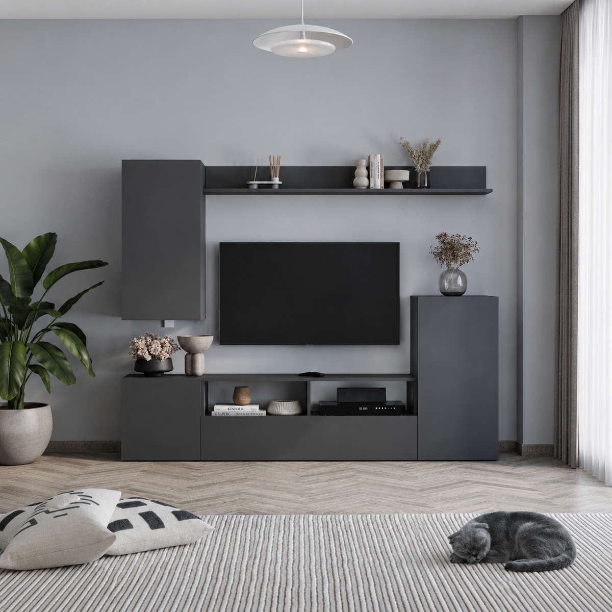 Comoda TV 210x38x90,4 cm, cu dulap suspendat, pentru living