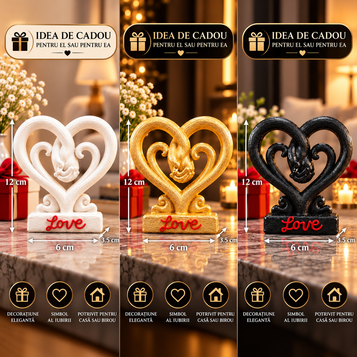 Statuetă Decorativă Inimă „Love”, Rășină Finisată – 12 × 6 × 3,5 cm - detaliu produs
