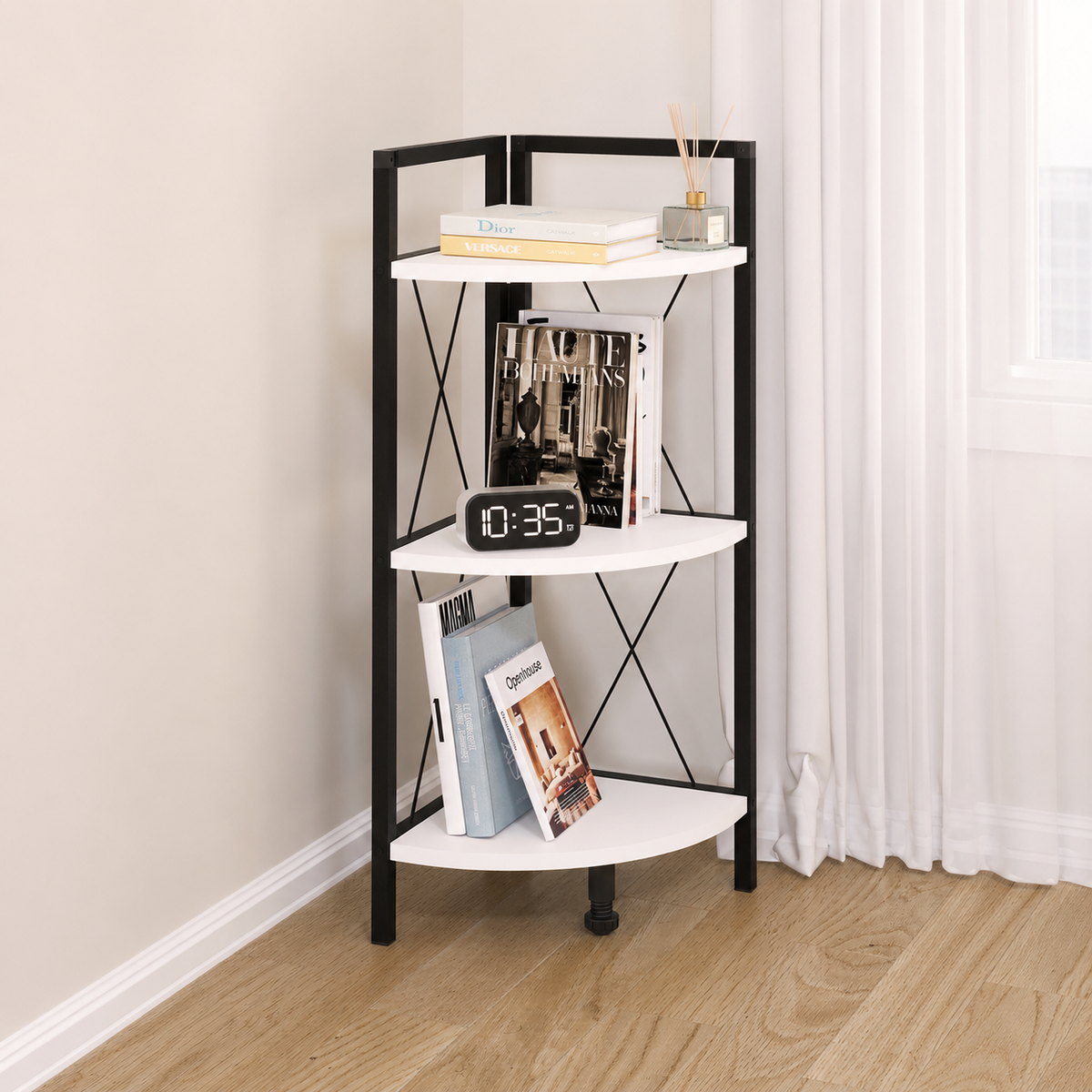 Etajera de colt din PAL si metal 33,5x33,5x87,3 cm, cu 3 rafturi, pentru living, baie sau birou