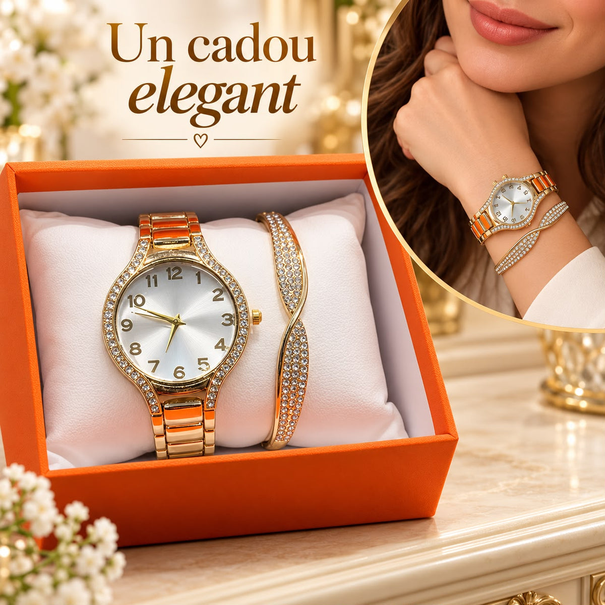 Set Cadou Elegant pentru Femei – Ceas de Mână și Brățară cu Pietre Strălucitoare, Design Modern și Rafinat, Cutie Cadou Inclusă - detaliu produs