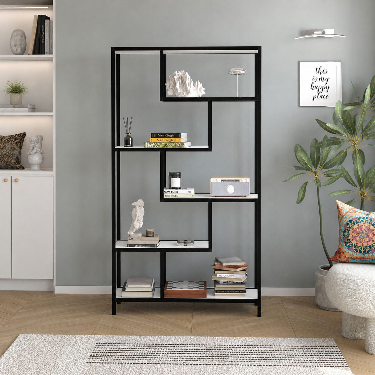 Biblioteca Moderna cu 6 Rafturi pentru Living si Birou, Cadru Metalic, PAL 18 mm, 88 x 30 x 160 cm