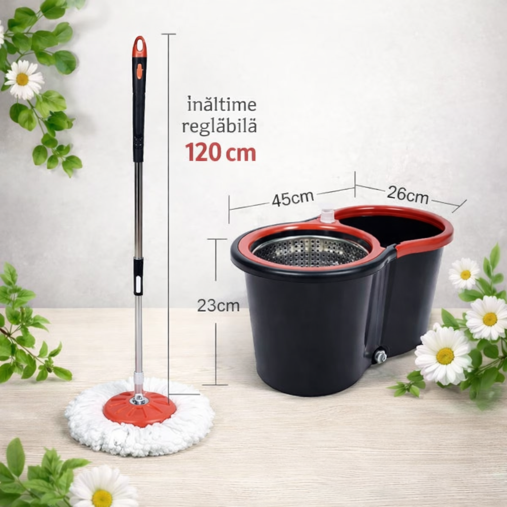 Set Mop Rotativ 8 litri, Cuva din Inox, 4 Rezerve Diferite + Perie Rosturi