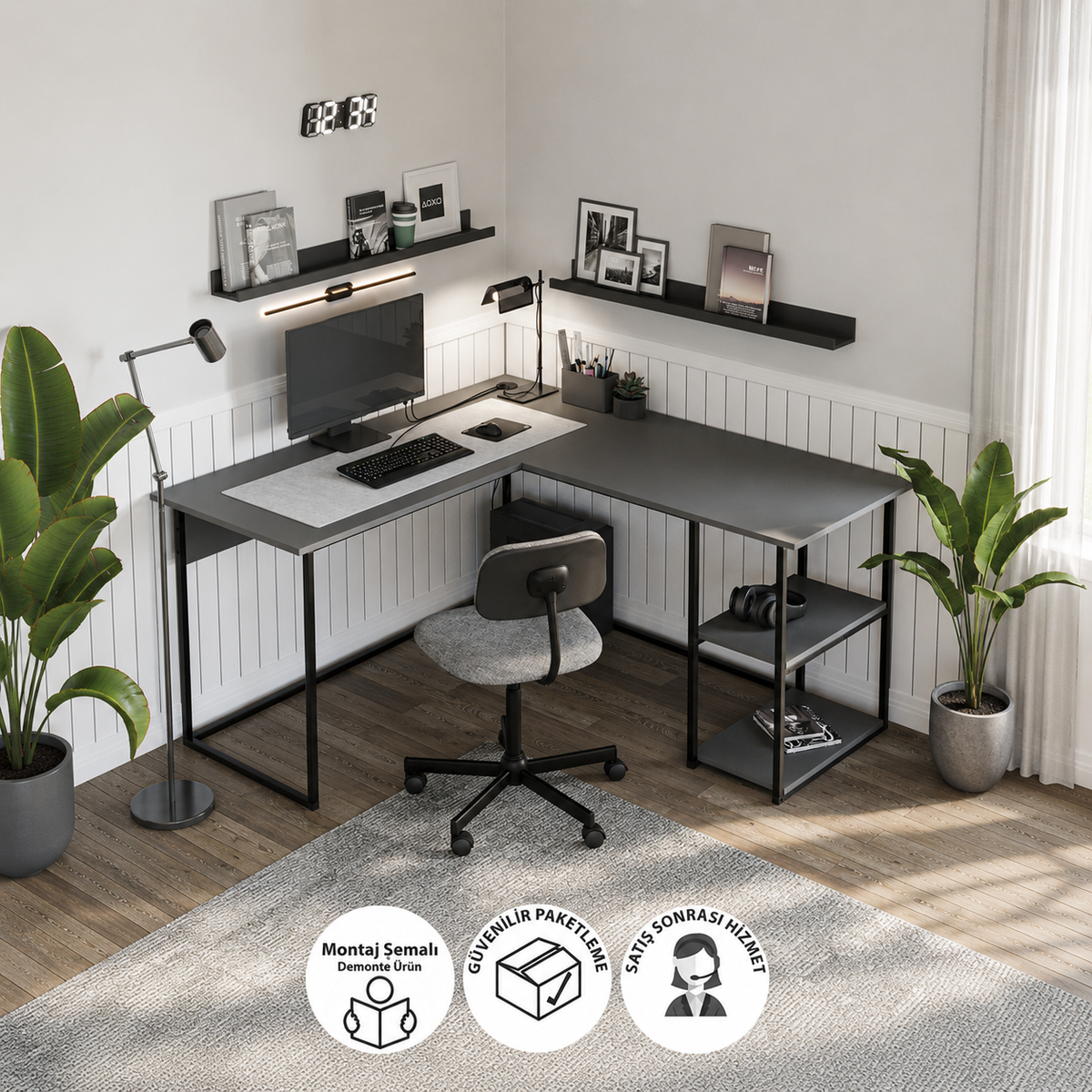 Birou de colt in forma L 140x147,8x73,8 cm, cu rafturi integrate si cadru metalic, pentru home office sau birou