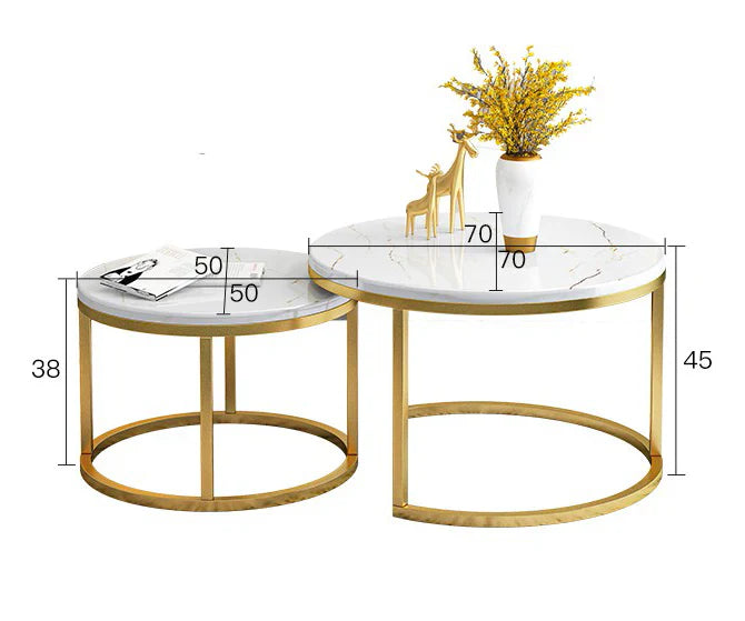 Set 2 masute rotunde de cafea cu efect de marmura, blat MDF, cadru metalic auriu