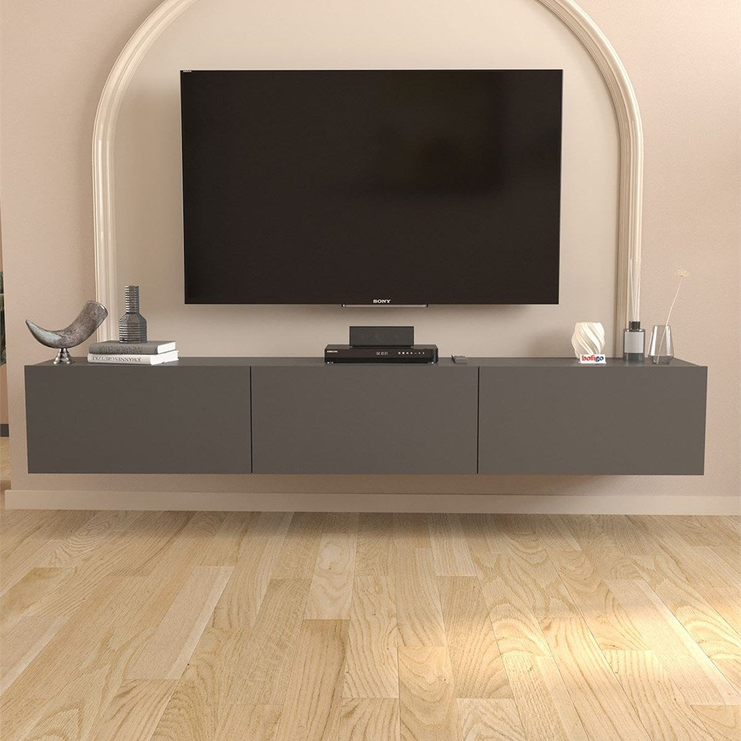 Comoda TV Marvel 180 cm, mobilier living, suport televizor mare pana la 75 inch, 2 usi rabatabile cu inchidere lina soft-close, PAL melaminat 18 mm clasa E1, pentru soundbar si consola jocuri, stil modern scandinav Antracit - detaliu 2