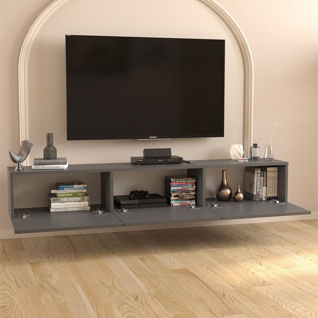 Comoda TV Marvel 180 cm, mobilier living, suport televizor mare pana la 75 inch, 2 usi rabatabile cu inchidere lina soft-close, PAL melaminat 18 mm clasa E1, pentru soundbar si consola jocuri, stil modern scandinav Antracit - detaliu 3