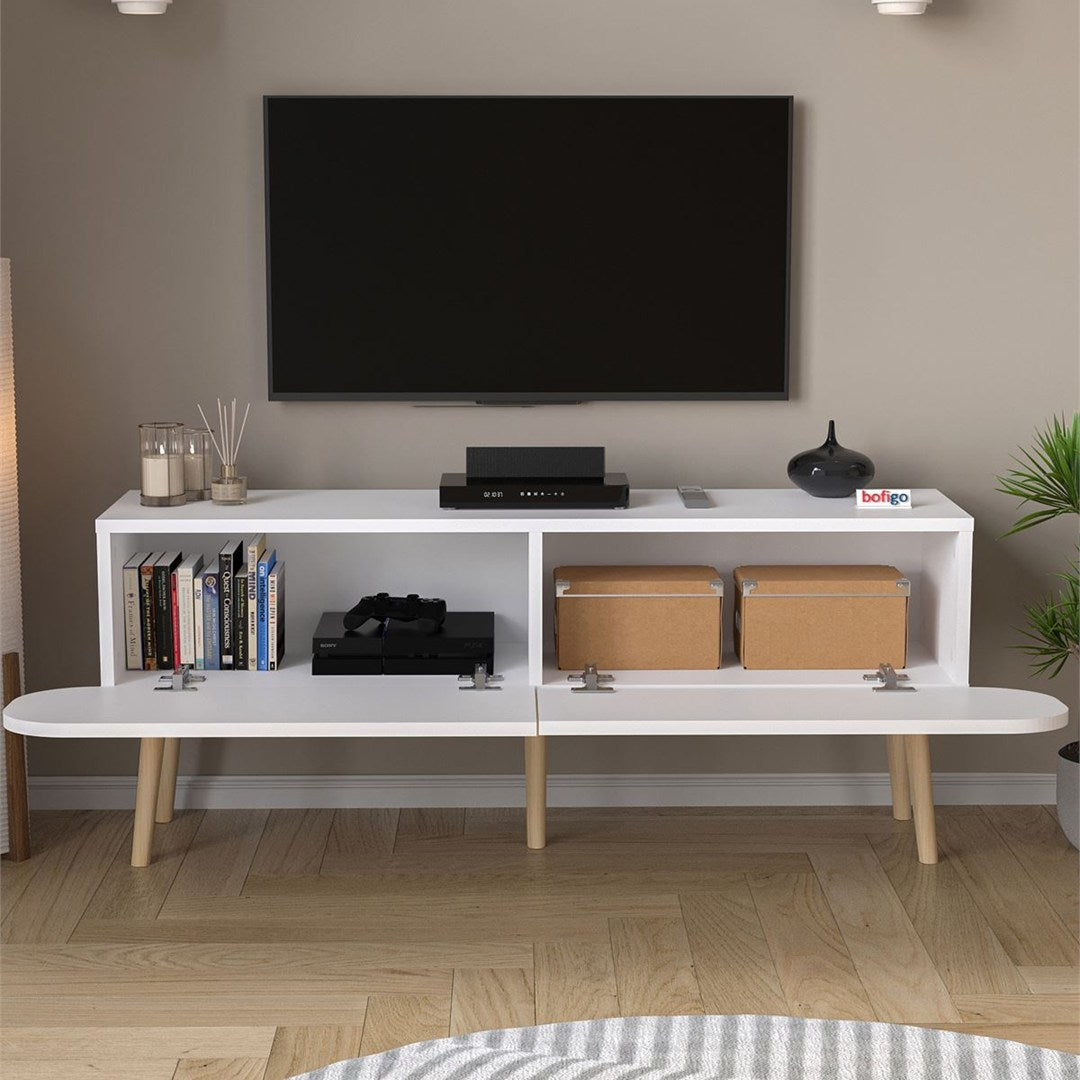 Comoda TV Sicily 120 cm, masa televizor, mobilier living cu 2 usi rabatabile push-to-open, PAL melaminat 18 mm clasa E1, suport TV pana la 55 inch, blat 50 kg, design stil modern scandinav Alb - detaliu 3