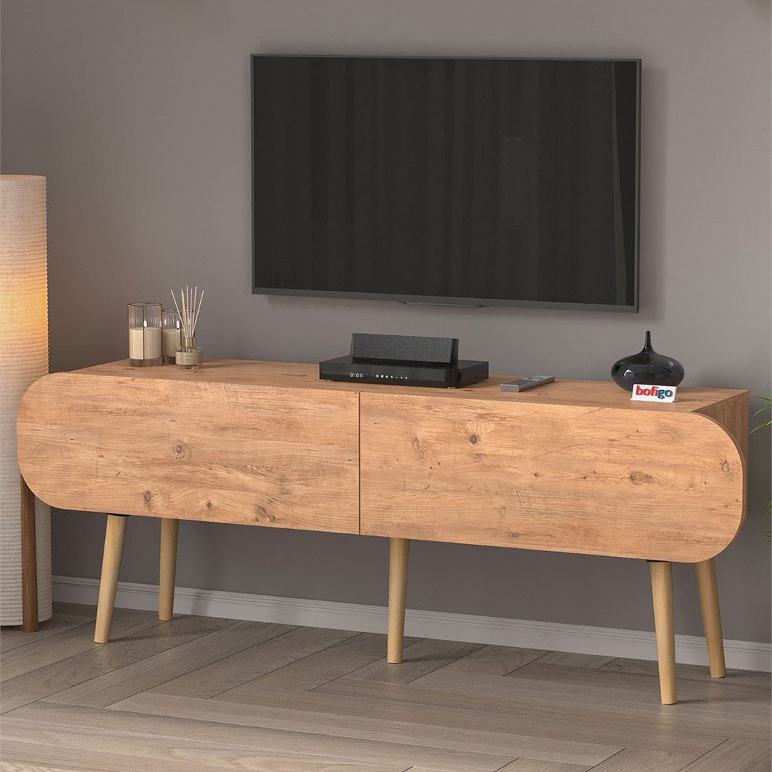 Comoda TV Sicily 120 cm, masa televizor, mobilier living cu 2 usi rabatabile push-to-open, PAL melaminat 18 mm clasa E1, suport TV pana la 55 inch, blat 50 kg, design stil modern scandinav Alb - detaliu 7