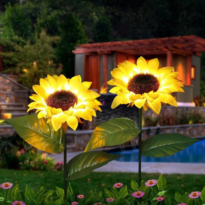 Set 2 Lampi solare LED de tip floarea soarelui pentru exterior, gradina, curte, gazon,