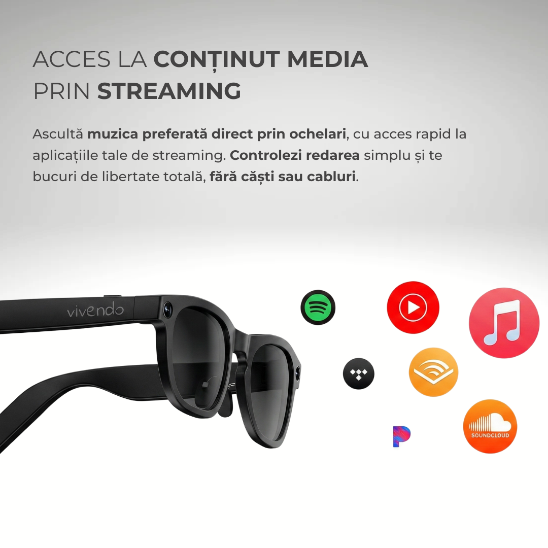 Ochelari Smart VIVENDO SMART GLASSES, Camera 1080P Full HD, AI Integrat, Apeluri Bluetooth, Control Tactil, Streaming Muzica, Wi-Fi 2.4G, Microfoane Duale, Negru
