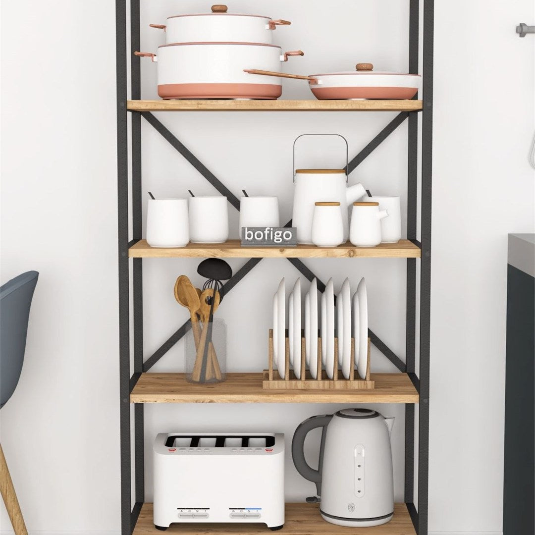 Organizator bucatarie cu 5 rafturi metalice, raft bucatarie 50 x 150 cm pentru oale tocatoare condimente sau microunde, cadru metalic vopsit anti-coroziune, stabilitate maxima, stil industrial modern Pin natur - detaliu 2