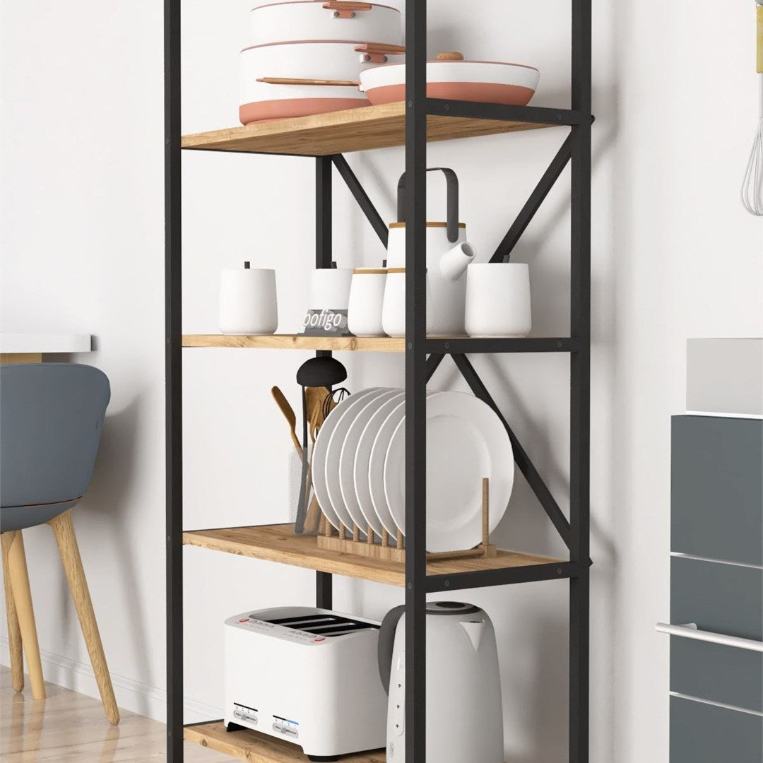 Organizator bucatarie cu 5 rafturi metalice, raft bucatarie 50 x 150 cm pentru oale tocatoare condimente sau microunde, cadru metalic vopsit anti-coroziune, stabilitate maxima, stil industrial modern Pin natur - detaliu 4
