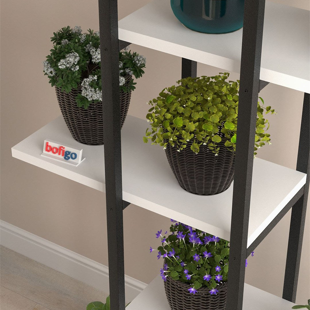 Suport flori Papatya multifunctional, etajera decorativa pentru ghivece si obiecte 40 x 120 cm, cadru metalic negru + rafturi PAL melaminat 18 mm, ideal pentru living balcon sau birou, stil industrial modern Alb - detaliu 4