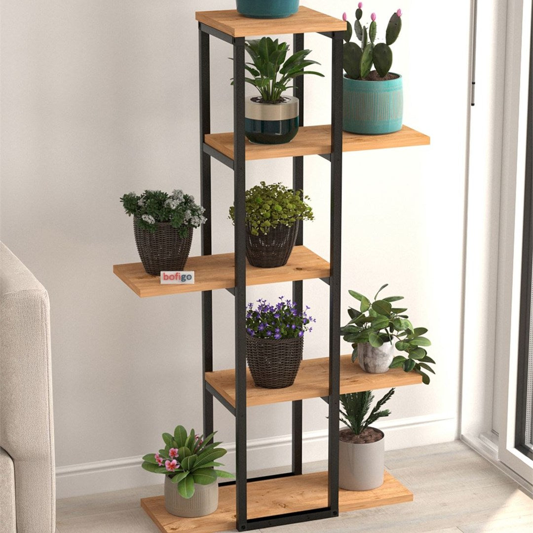 Suport flori Papatya multifunctional, etajera decorativa pentru ghivece si obiecte 40 x 120 cm, cadru metalic negru + rafturi PAL melaminat 18 mm, ideal pentru living balcon sau birou, stil industrial modern Alb - detaliu 7