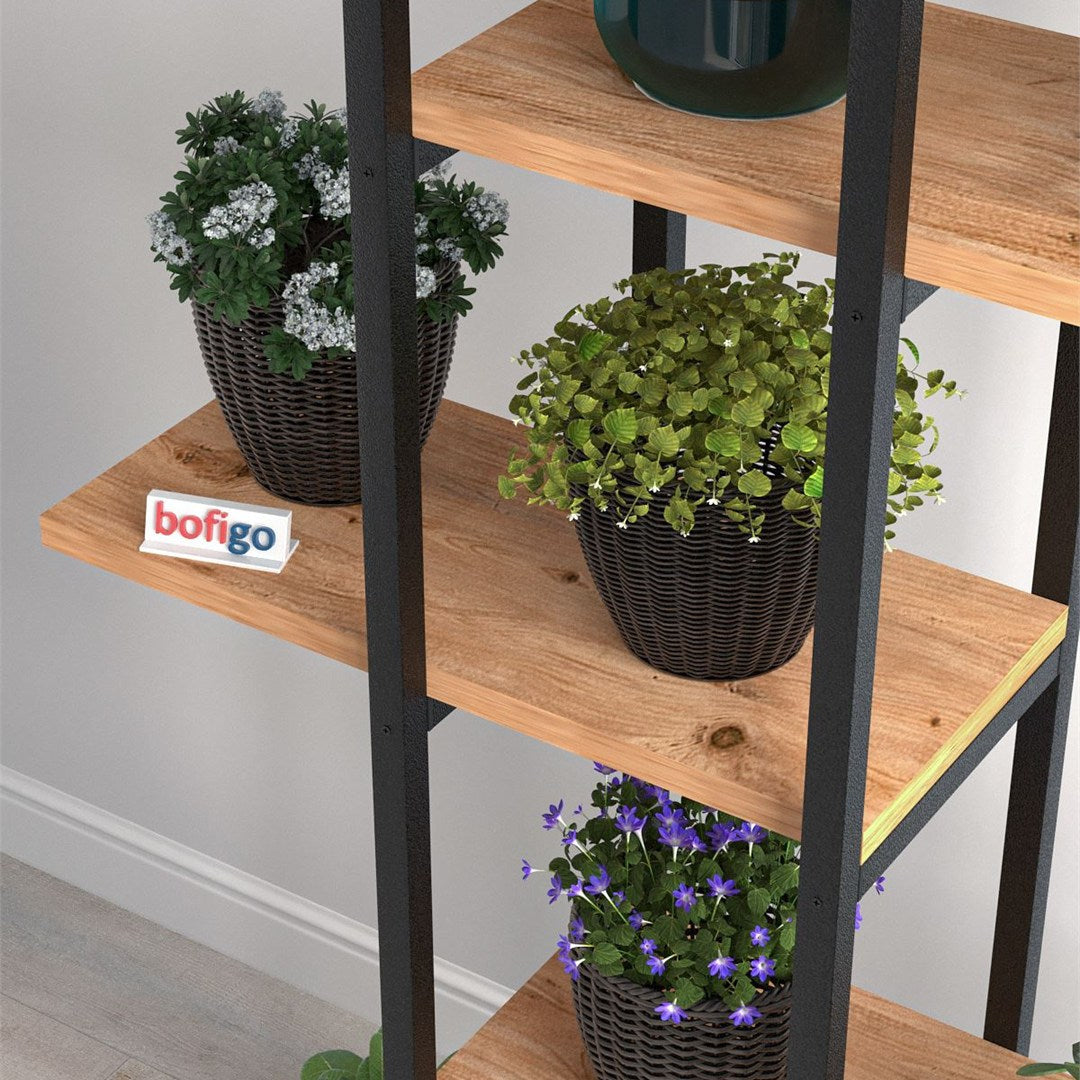 Suport flori Papatya multifunctional, etajera decorativa pentru ghivece si obiecte 40 x 120 cm, cadru metalic negru + rafturi PAL melaminat 18 mm, ideal pentru living balcon sau birou, stil industrial modern Pin natur - detaliu 4