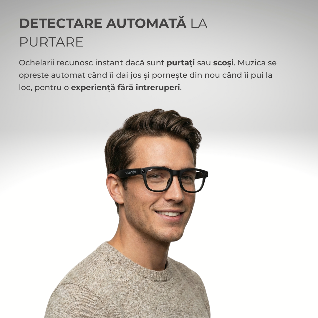 Ochelari Smart VIVENDO SMART GLASSES, Camera 1080P Full HD, AI Integrat, Apeluri Bluetooth, Control Tactil, Streaming Muzica, Wi-Fi 2.4G, Microfoane Duale, Negru