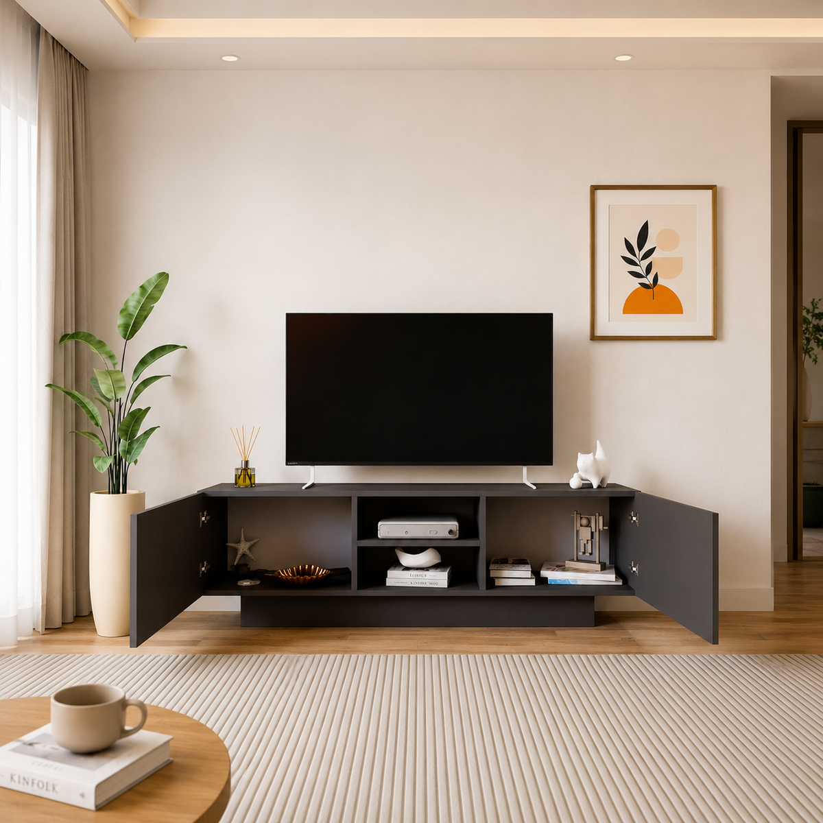 Comodă TV DORA cu uși și raft central, PAL 18 mm, 140 x 31 x 42 cm - detaliu produs