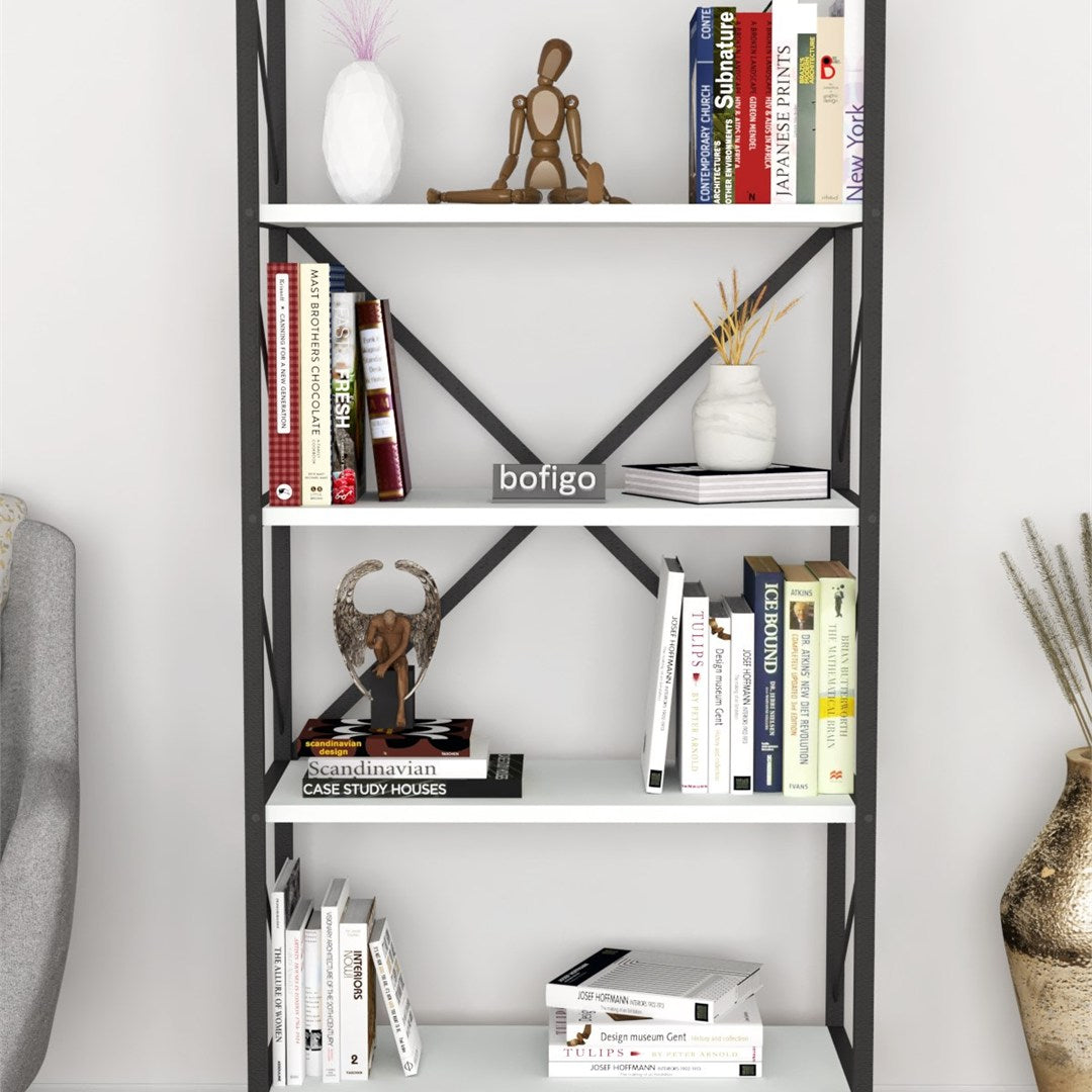 Biblioteca decorativa cu 5 rafturi, etajera metal si PAL, raft carti living sau birou 60 x 160 cm, cadru metalic stil industrial, polite PAL melaminat 18 mm clasa E1, montaj simplu, stil modern loft Alb - detaliu 2
