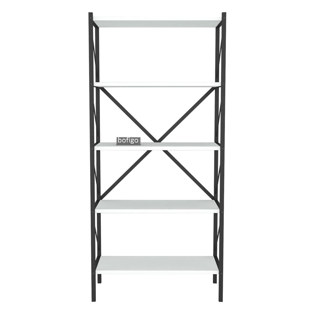 Biblioteca decorativa cu 5 rafturi, etajera metal si PAL, raft carti living sau birou 60 x 160 cm, cadru metalic stil industrial, polite PAL melaminat 18 mm clasa E1, montaj simplu, stil modern loft Alb - detaliu 6
