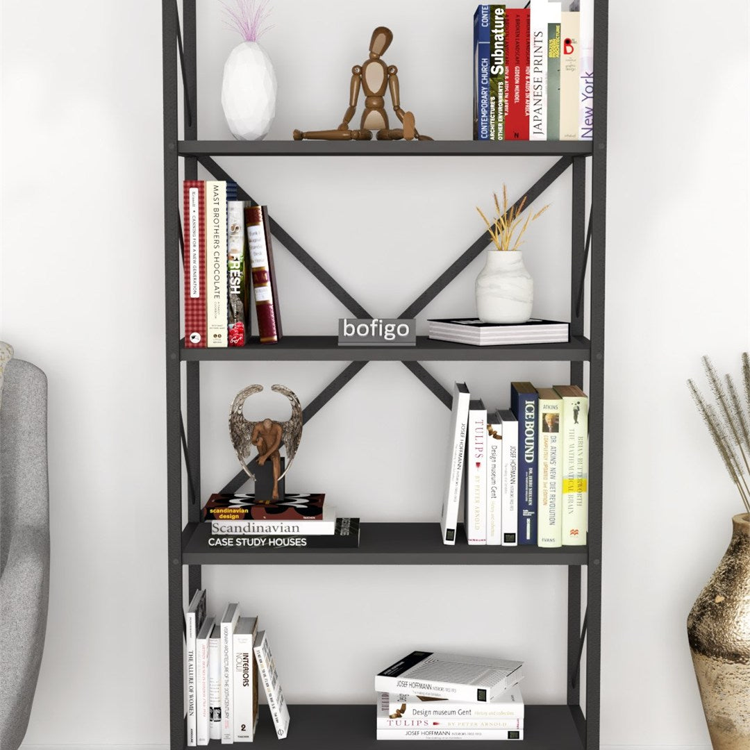 Biblioteca decorativa cu 5 rafturi, etajera metal si PAL, raft carti living sau birou 60 x 160 cm, cadru metalic stil industrial, polite PAL melaminat 18 mm clasa E1, montaj simplu, stil modern loft Antracit - detaliu 2