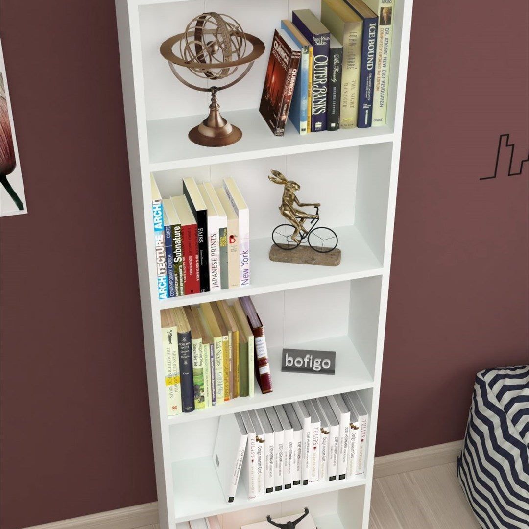 Biblioteca decorativa cu 5 rafturi din PAL, etajera carti 60 x 160 cm, structura integrala PAL melaminat 18 mm clasa E1, montaj rapid cu suruburi pre-gaurite, pentru birou living sau dormitor, stil clasic modern Alb - detaliu 4