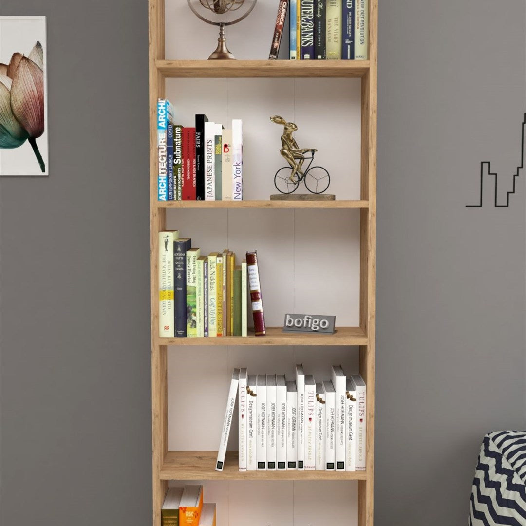 Biblioteca decorativa cu 5 rafturi din PAL, etajera carti 60 x 160 cm, structura integrala PAL melaminat 18 mm clasa E1, montaj rapid cu suruburi pre-gaurite, pentru birou living sau dormitor, stil clasic modern Pin natur - detaliu 3