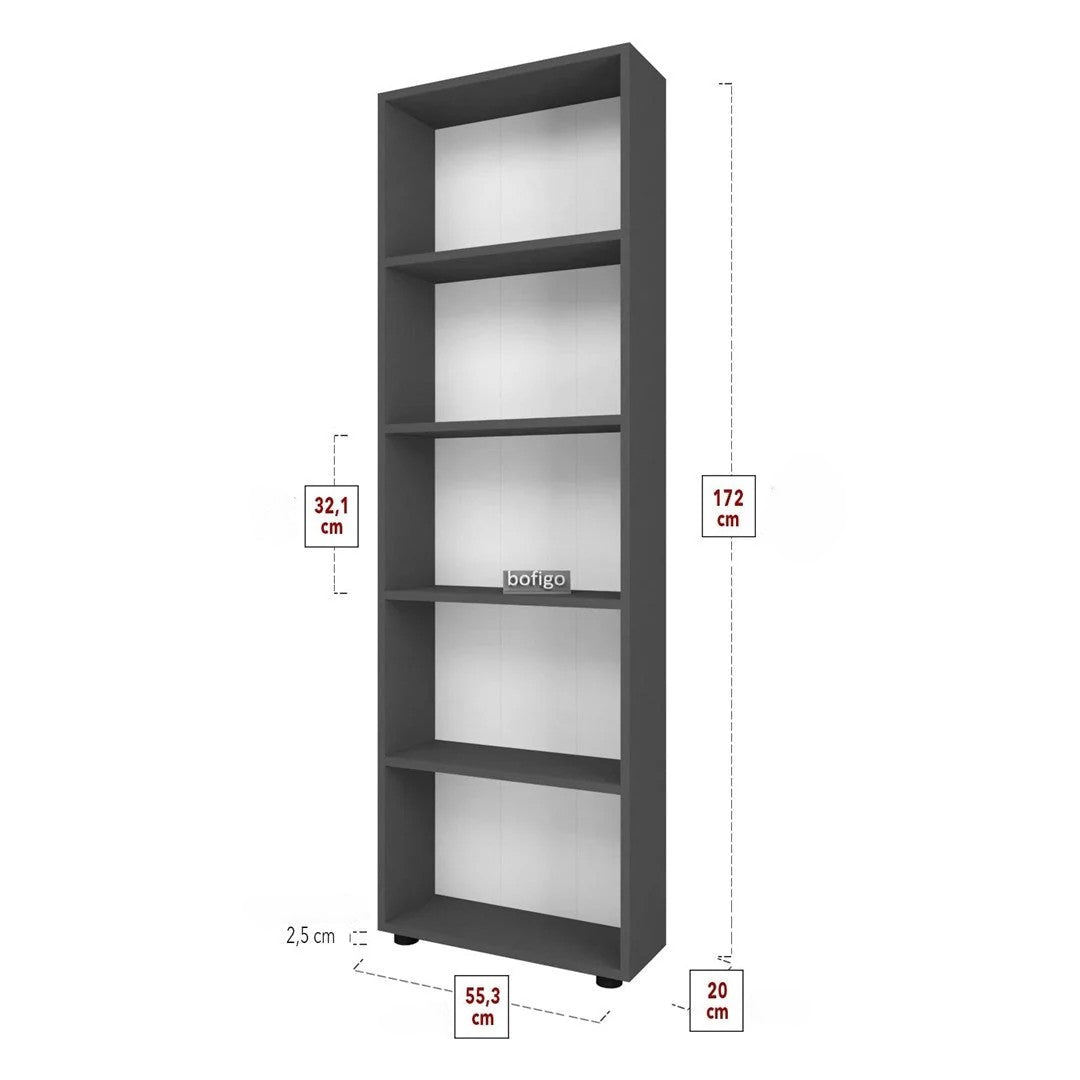 Biblioteca Decorativa cu 5 Rafturi, Design Inalt si Ingust, PAL E1, 55.3 x 20 x 172 cm