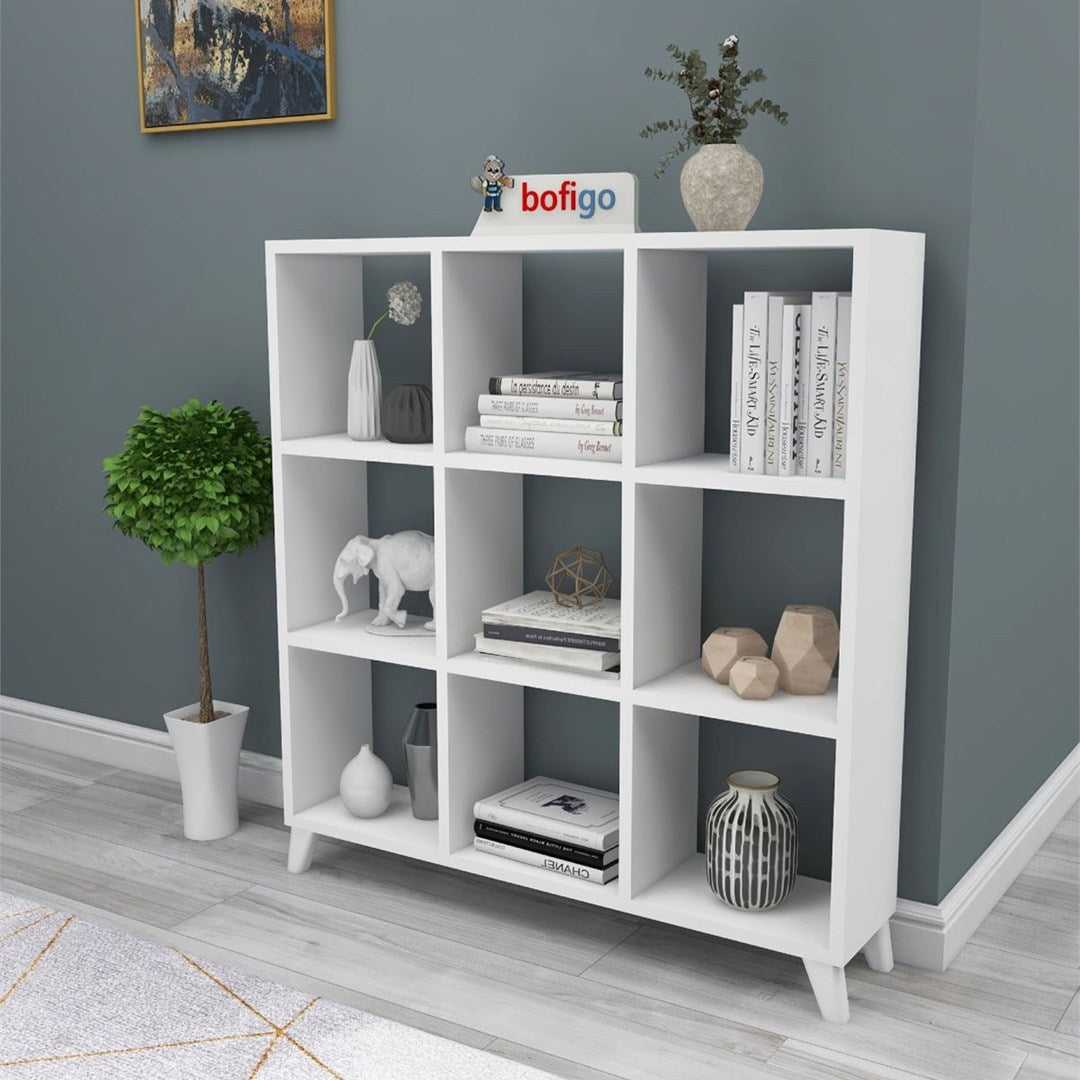 Biblioteca Cub cu 9 compartimente si rafturi, etajera carti 100 x 100 cm, cutii organizatoare design geometric modern, PAL melaminat 18 mm clasa E1, asezabila vertical sau orizontal ca bancuta, stil scandinav Alb - detaliu 4