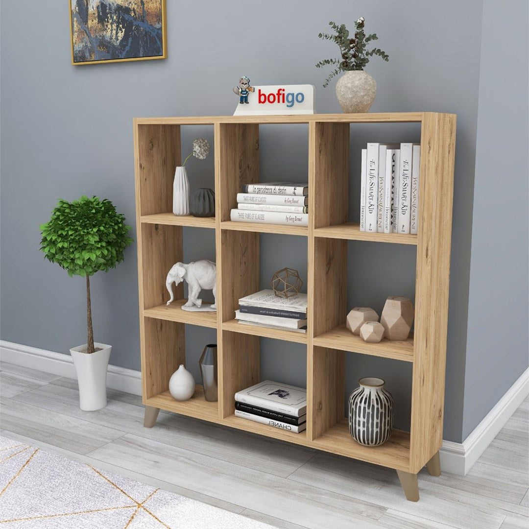 Biblioteca Cub cu 9 compartimente si rafturi, etajera carti 100 x 100 cm, cutii organizatoare design geometric modern, PAL melaminat 18 mm clasa E1, asezabila vertical sau orizontal ca bancuta, stil scandinav Pin natur - detaliu 5