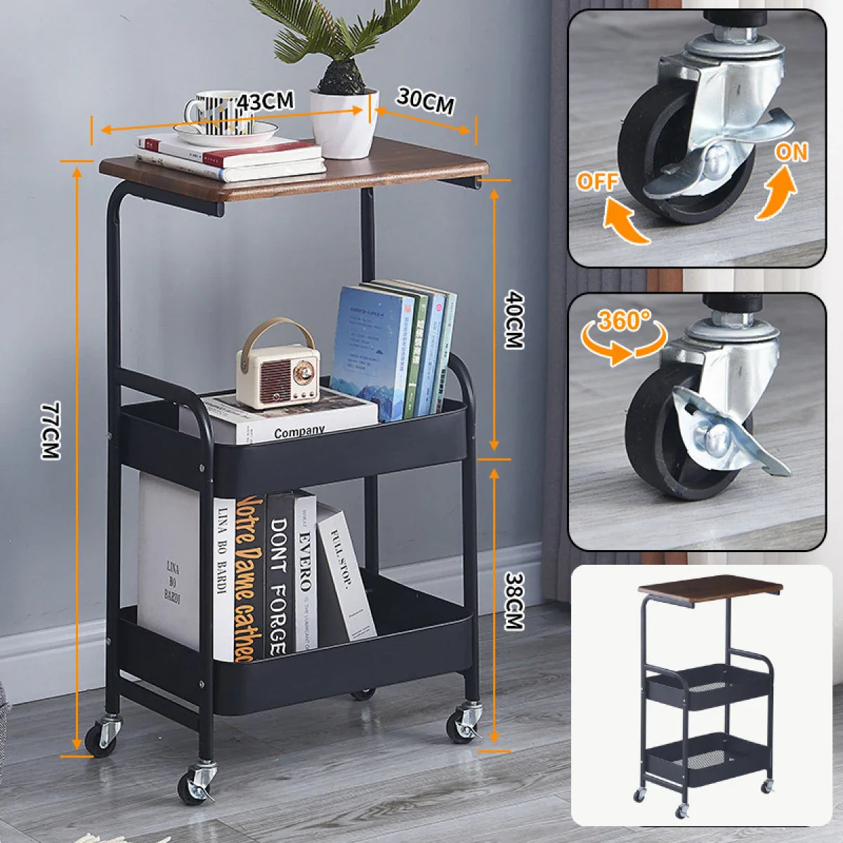 Masuta portabila pentru cafea, otel carbon, 2 polite si cu o masa de lucru, 79 x 43 x 30 cm