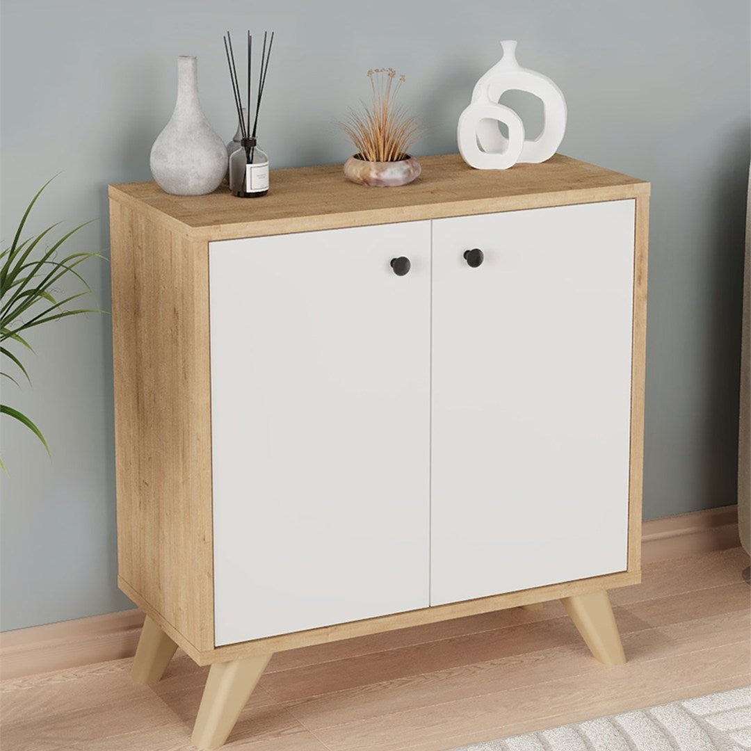 Biblioteca Smyrna joasa cu 2 rafturi, etajera 90 x 80 cm bicolor Stejar Safir + Alb, poate fi folosita si ca masuta sub fereastra in living, PAL melaminat 18 mm clasa E1, stil modern scandinav decorativ Stejar safir/Alb - vedere principala