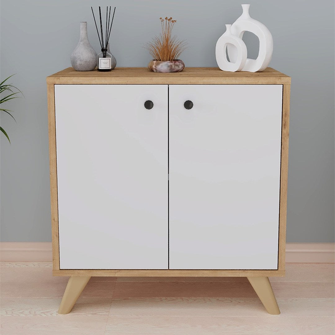 Biblioteca Smyrna joasa cu 2 rafturi, etajera 90 x 80 cm bicolor Stejar Safir + Alb, poate fi folosita si ca masuta sub fereastra in living, PAL melaminat 18 mm clasa E1, stil modern scandinav decorativ Stejar safir/Alb - detaliu 2