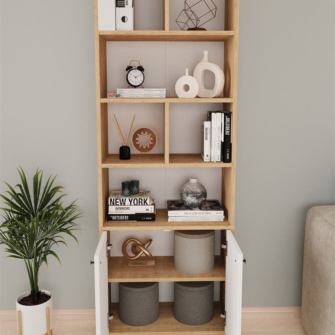 Biblioteca Smyrna cu 8 rafturi, etajera carti 90 x 180 cm capacitate mare, bicolor Stejar Safir + Alb, PAL melaminat 18 mm clasa E1, stil modern scandinav ideal birou studio sau living Stejar safir/Alb - detaliu 3