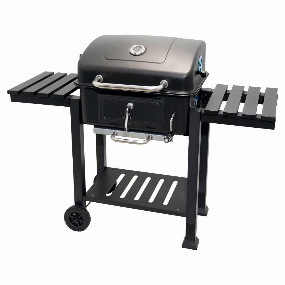 Gratar pe carbuni KLUGMEISTER FT01-017, material otel (husa inclusa), cu tava pentru cenusa, capac si roti de deplasare, suprafata gatire 54x43 cm
