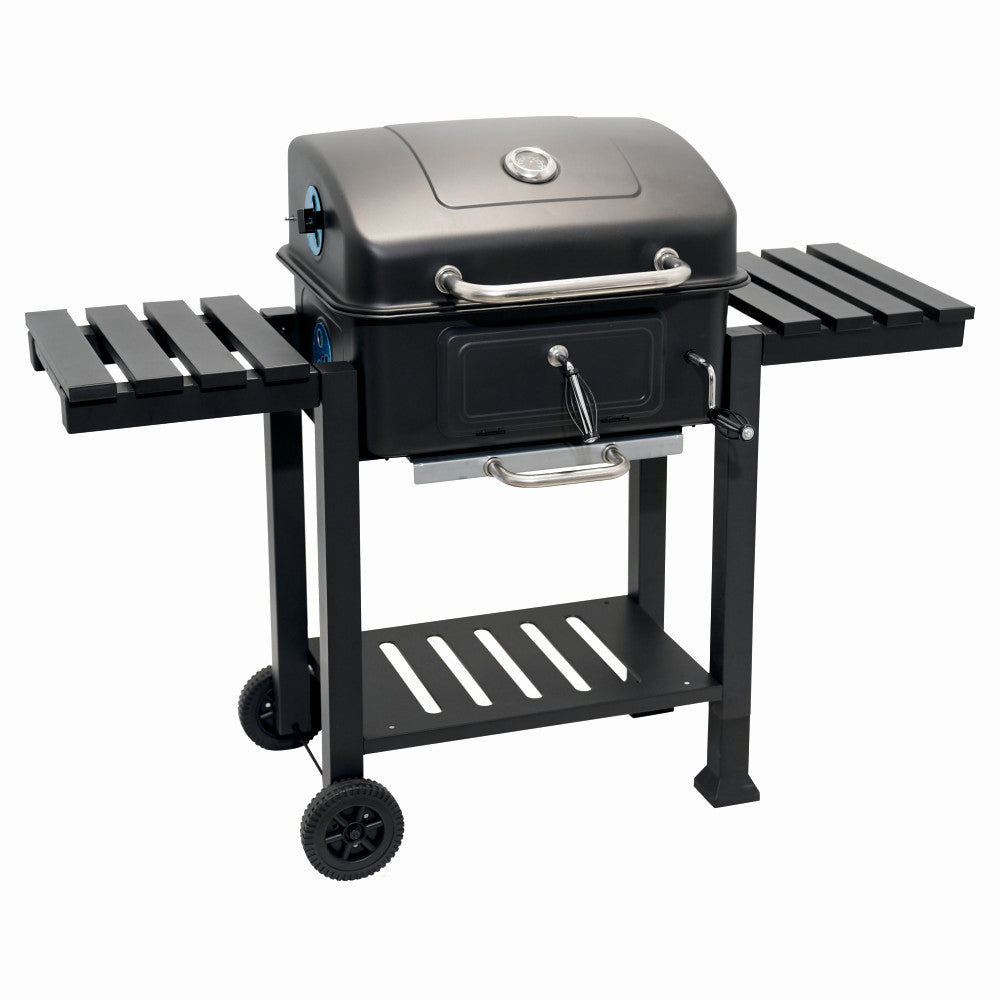 Gratar pe carbuni KLUGMEISTER FT01-017, material otel (husa inclusa), cu tava pentru cenusa, capac si roti de deplasare, suprafata gatire 54x43 cm