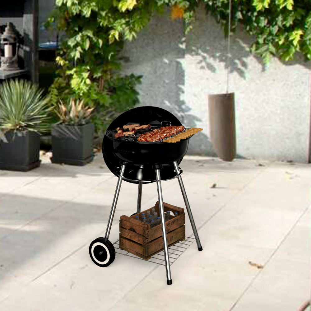 Gratar pe carbuni KLUGMEISTER KY22018A, material otel, cu capac si roti de deplasare, diametru gatire 54 cm, inaltime gatire 78 cm