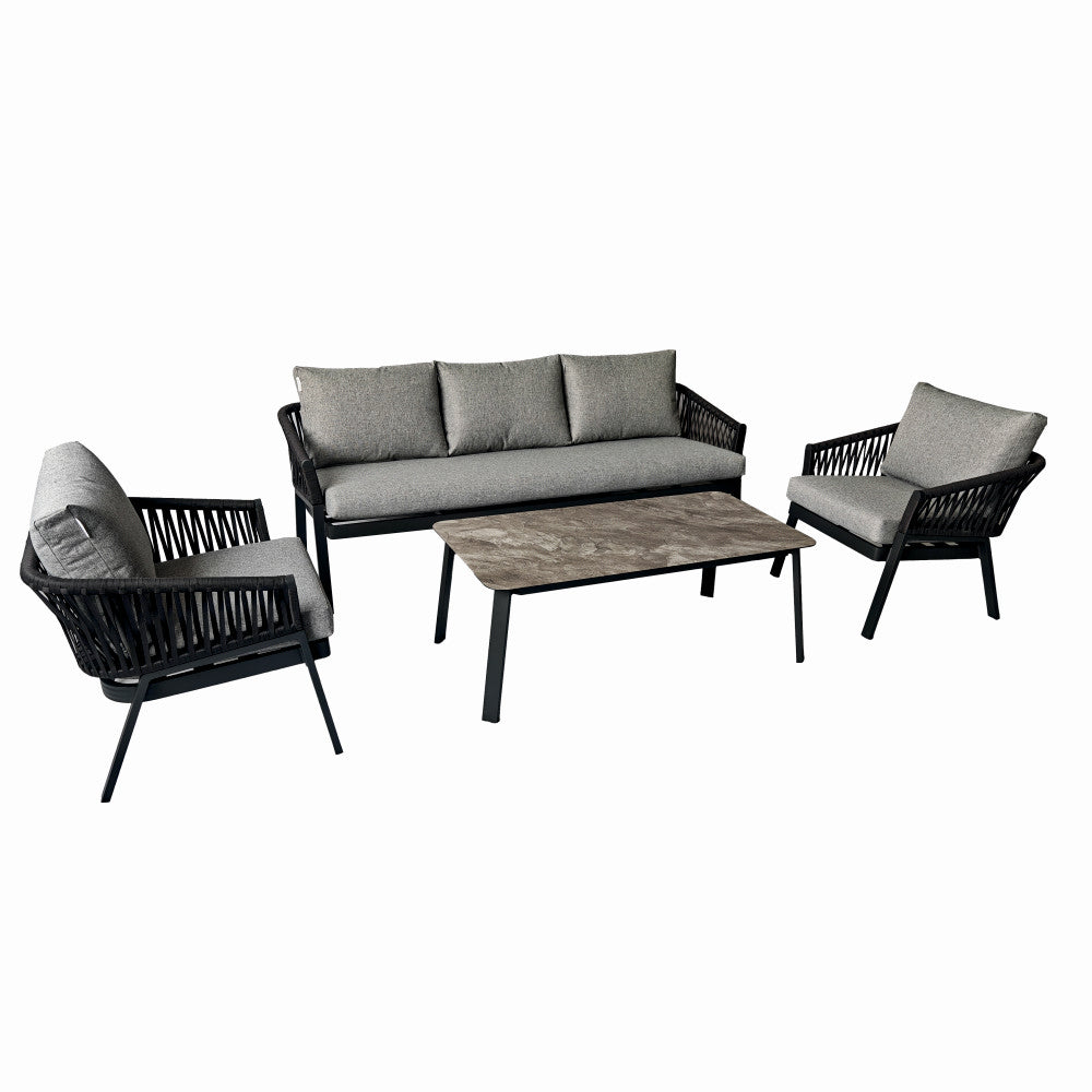 Set mobilier terasa/gradina KLUGMEISTER KJFT3407, 4 piese cu cadru de aluminiu, perne incluse, culoare gri
