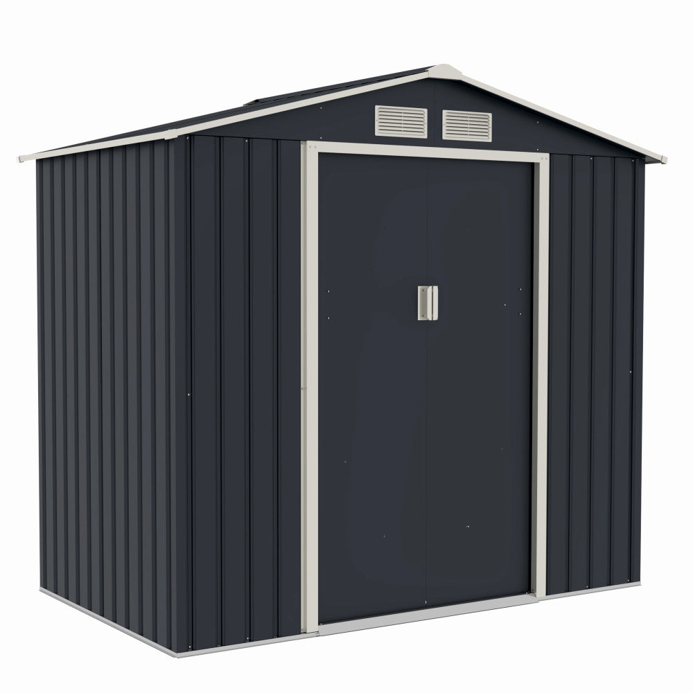 Casuta / magazie de gradina premium metalica MESTERINO Archer-A, Gri/Bej, dimensiuni 213x131x195 cm, cu usi culisante si baza metalica