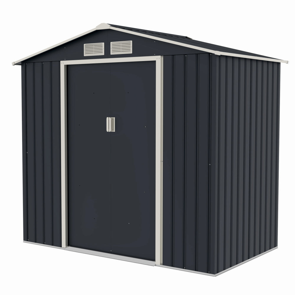 Casuta / magazie de gradina premium metalica MESTERINO Archer-A, Gri/Bej, dimensiuni 213x131x195 cm, cu usi culisante si baza metalica